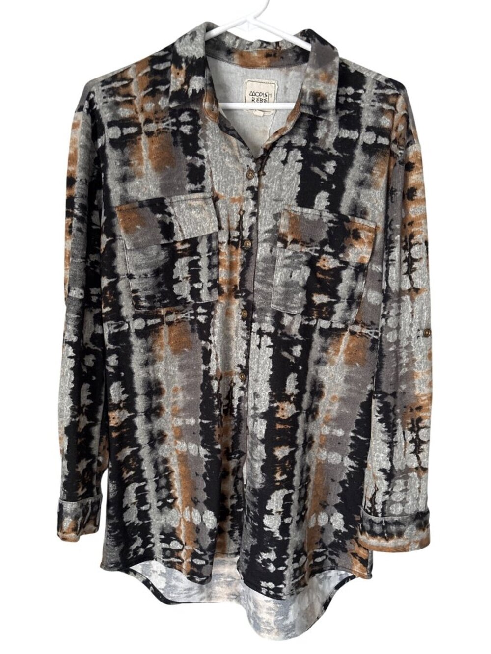 Modish Rebel Shirt Size XS Tie Dye Button Front Long Sleeve Black Brown Artsy